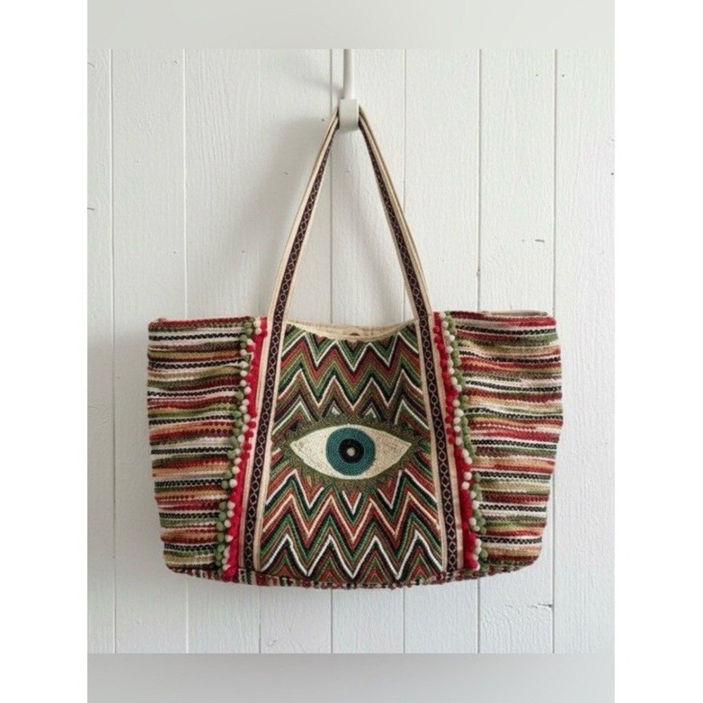 America & Beyond Embellished Evil Eye Boho Tote Beaded Multicolor Shoulder Bag